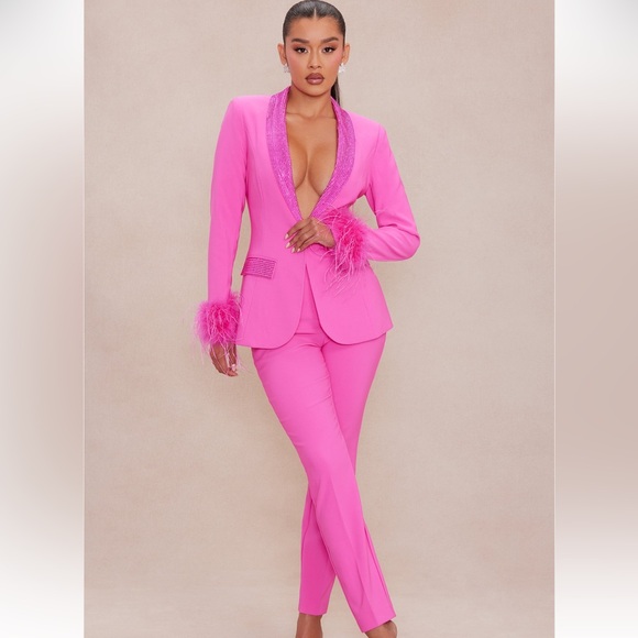 Fashion Nova Pants - Clarissa Embellished Feather Blazer Suit Set - Hot Pink